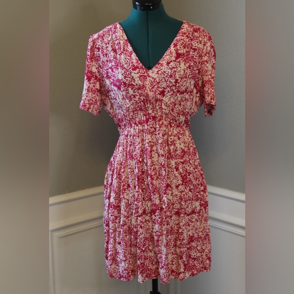 HD in Paris Pink and Cream Short Sleeve Patterned Sun Dress Anthropologie
